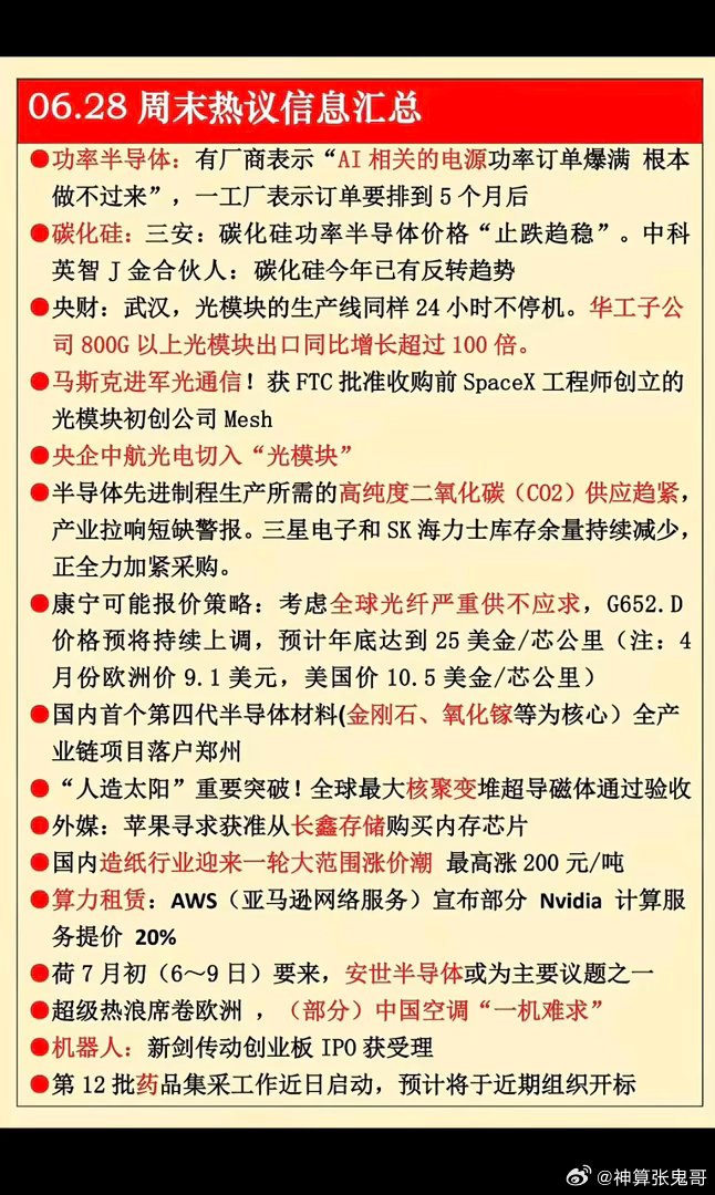6.28周日周末热议消息汇总！1.功率半导体2.碳化硅3.光模块出口4.