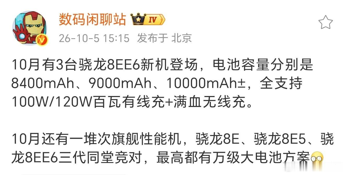 10月有三台骁龙8EE6新品上市，根据电池容量倒是可以猜出是哪款。万级电池的应该是荣耀WIN2系列9