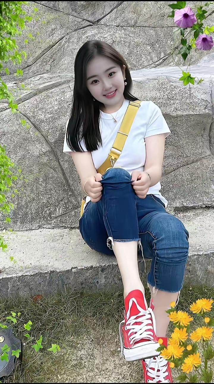 元气少女坐石阶，清新穿搭显活力！🌸👟