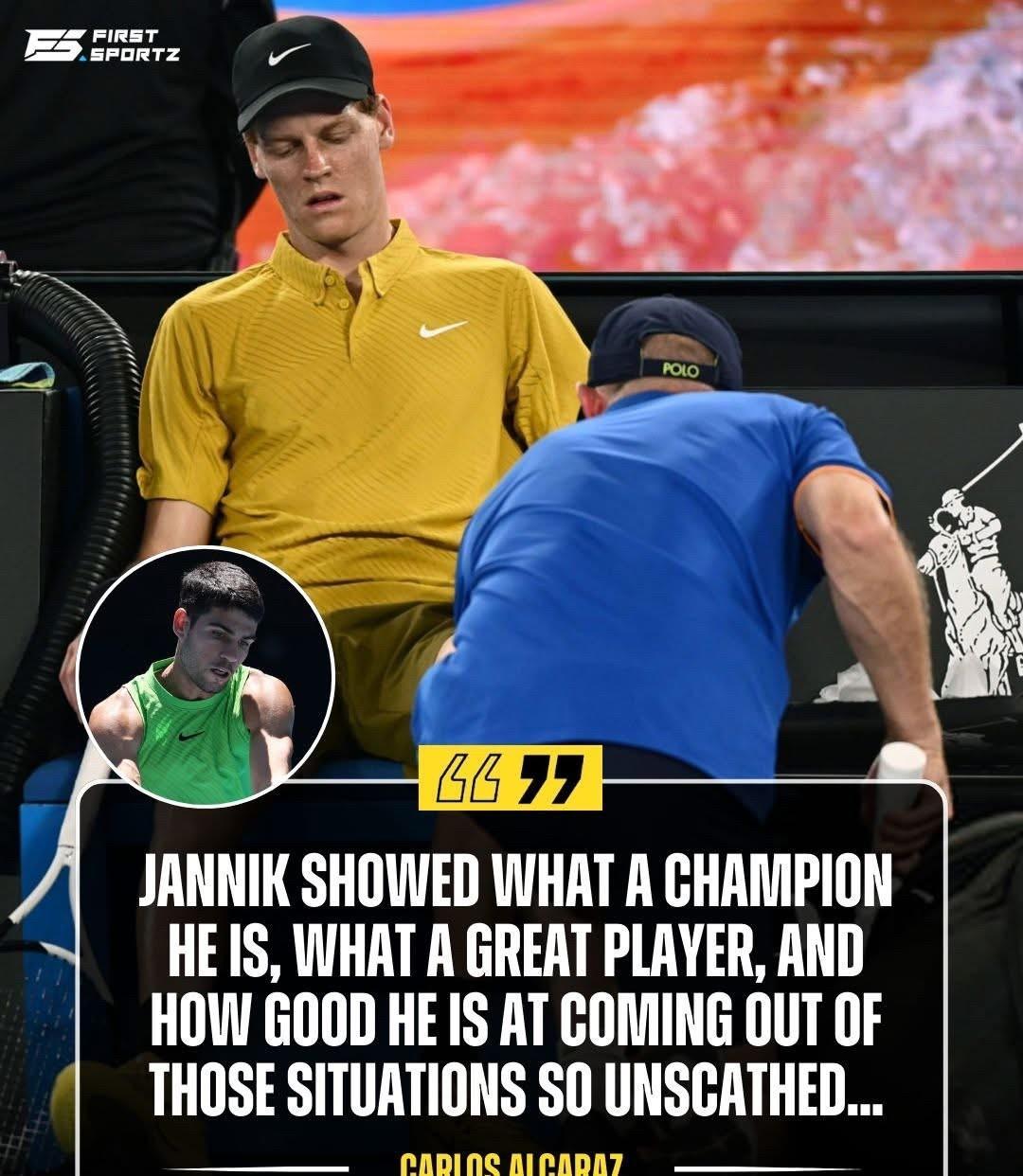 卡洛斯·阿尔卡拉斯就老对手扬尼克·辛纳在澳网第三轮比赛中顶着高温和抽筋的困扰艰难