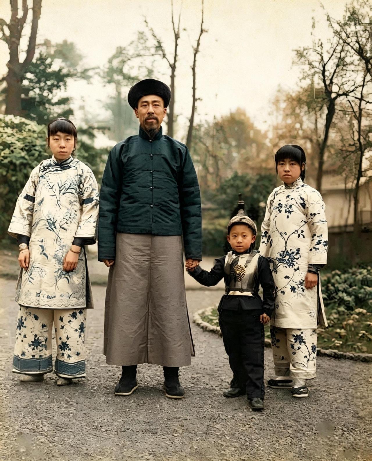 这是晚清第一岳父孙宝琦与三个孩子。孙宝琦远不止这三个孩子。他有八个儿子，十六个女