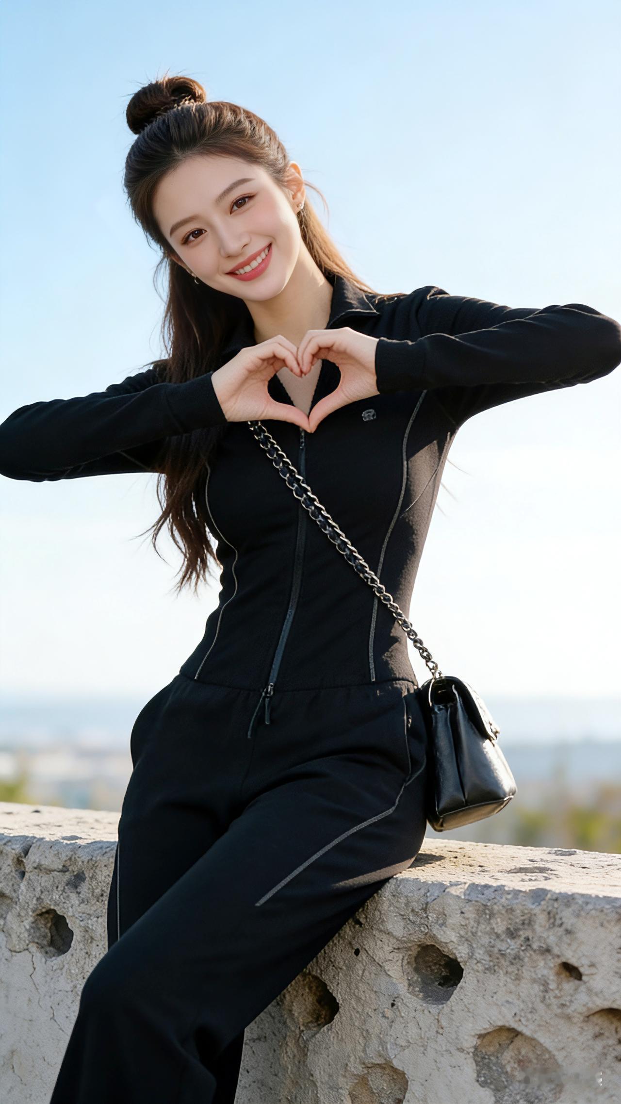 黑衫与晴空青石栏杆被日光磨出温软的质感，风掠过发梢时，将丸子头的碎发轻轻扬