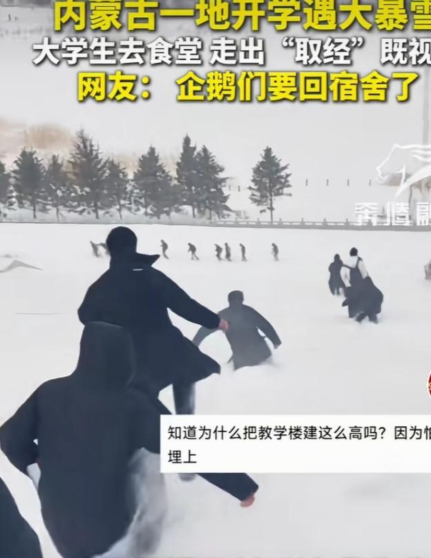 大学生开学遇暴雪，打饭真就跟取经似的。推开宿舍门，风雪砸在脸上，积雪没过脚踝。食