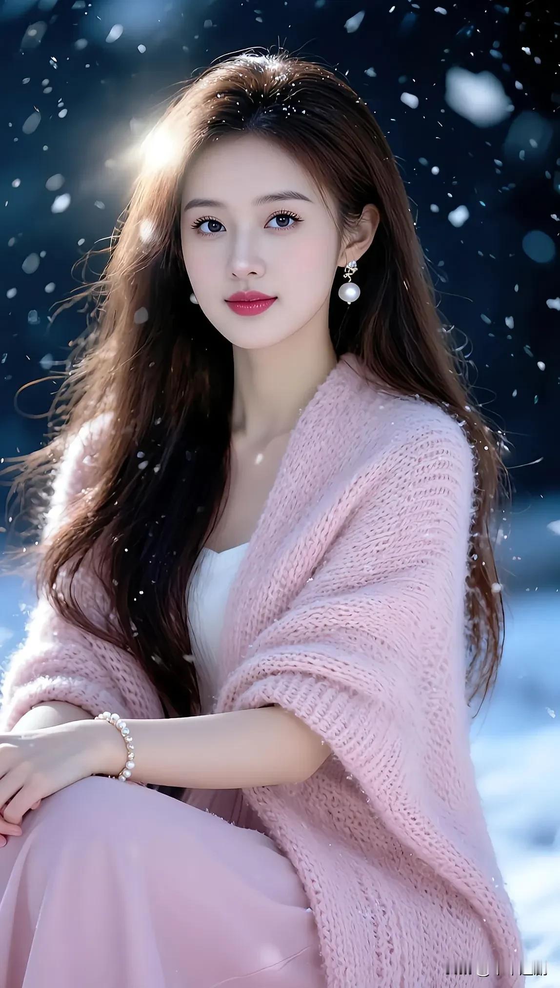 柔粉针织裹住冬日温柔，落雪与珠光相映，在寒夜里揉出一抹甜暖的光。粉纱花衣美人