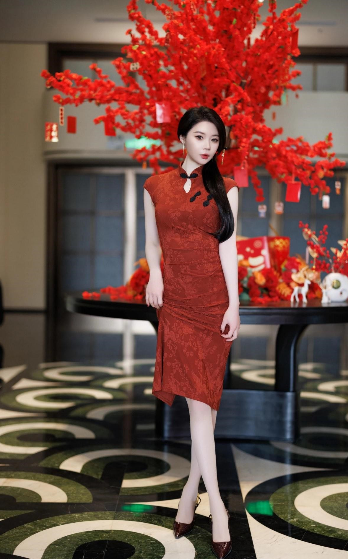 美女模特梦心月，大红色旗袍裙，满满中国风