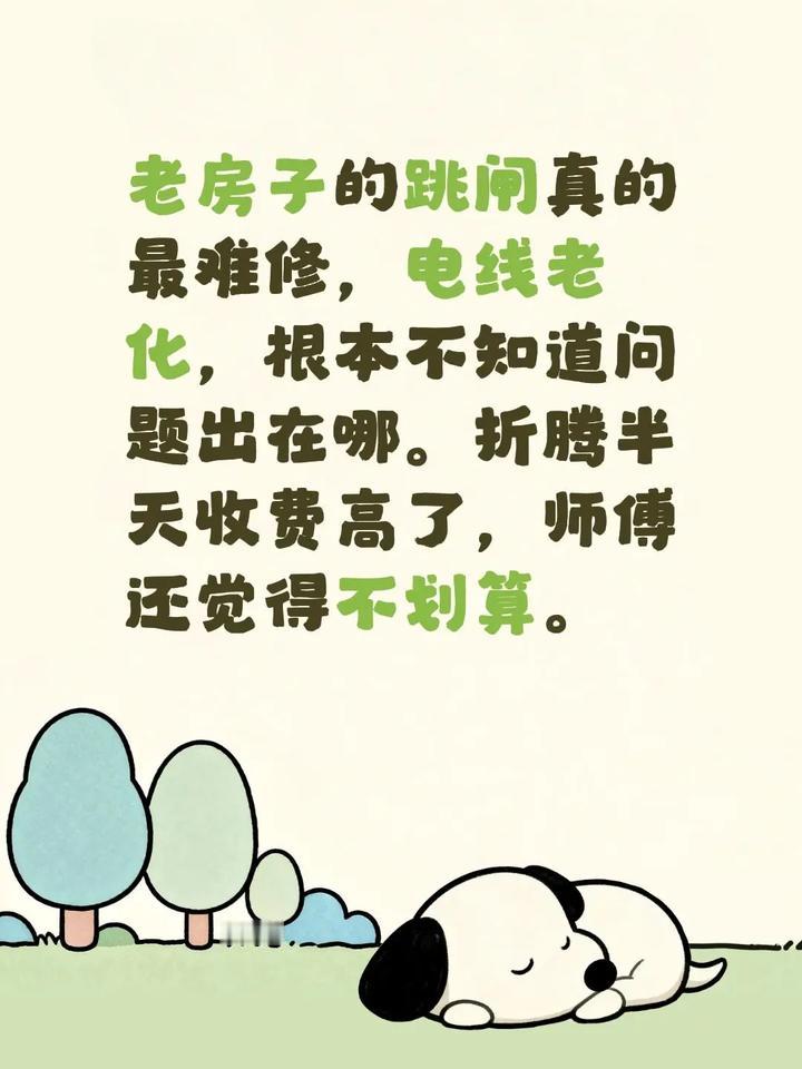 老房子的跳闸真的最难修，电线老化，根本不知道问题出在哪。折腾半天收费高了，师傅还
