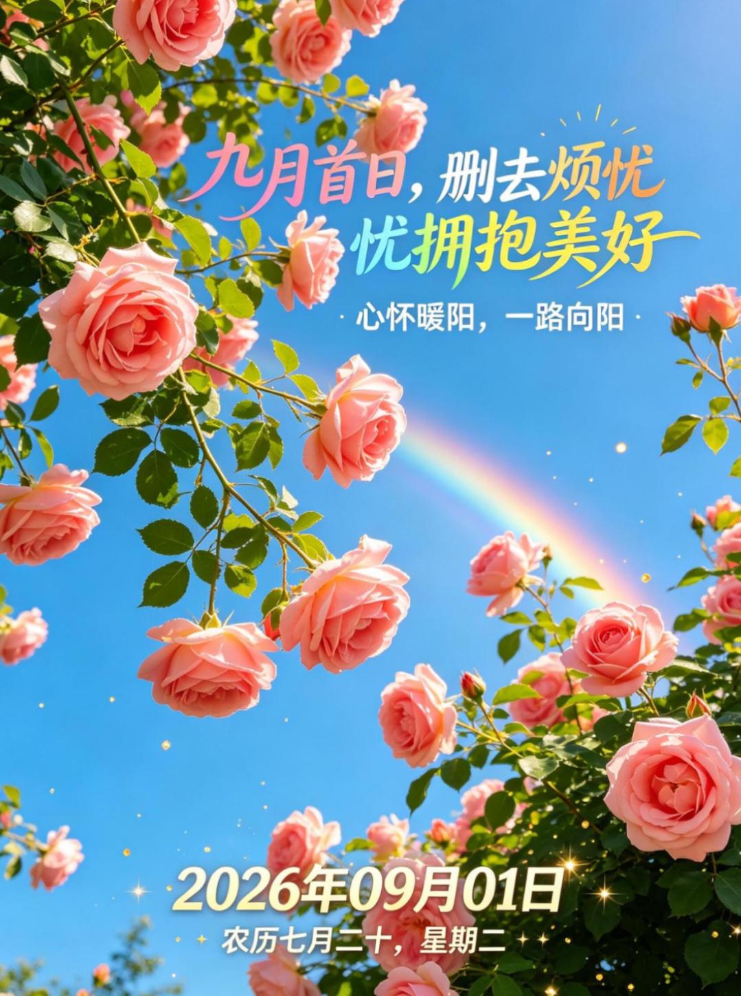 九月启新程，万事皆顺意。新的一天，愿心存阳光，一路向前，好好生活，慢慢发光。周二