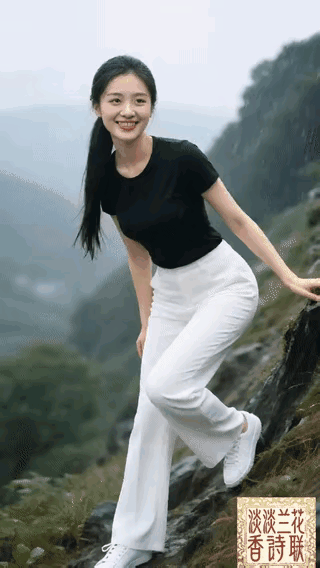 这姑娘在山间岩石上摆姿势呢。