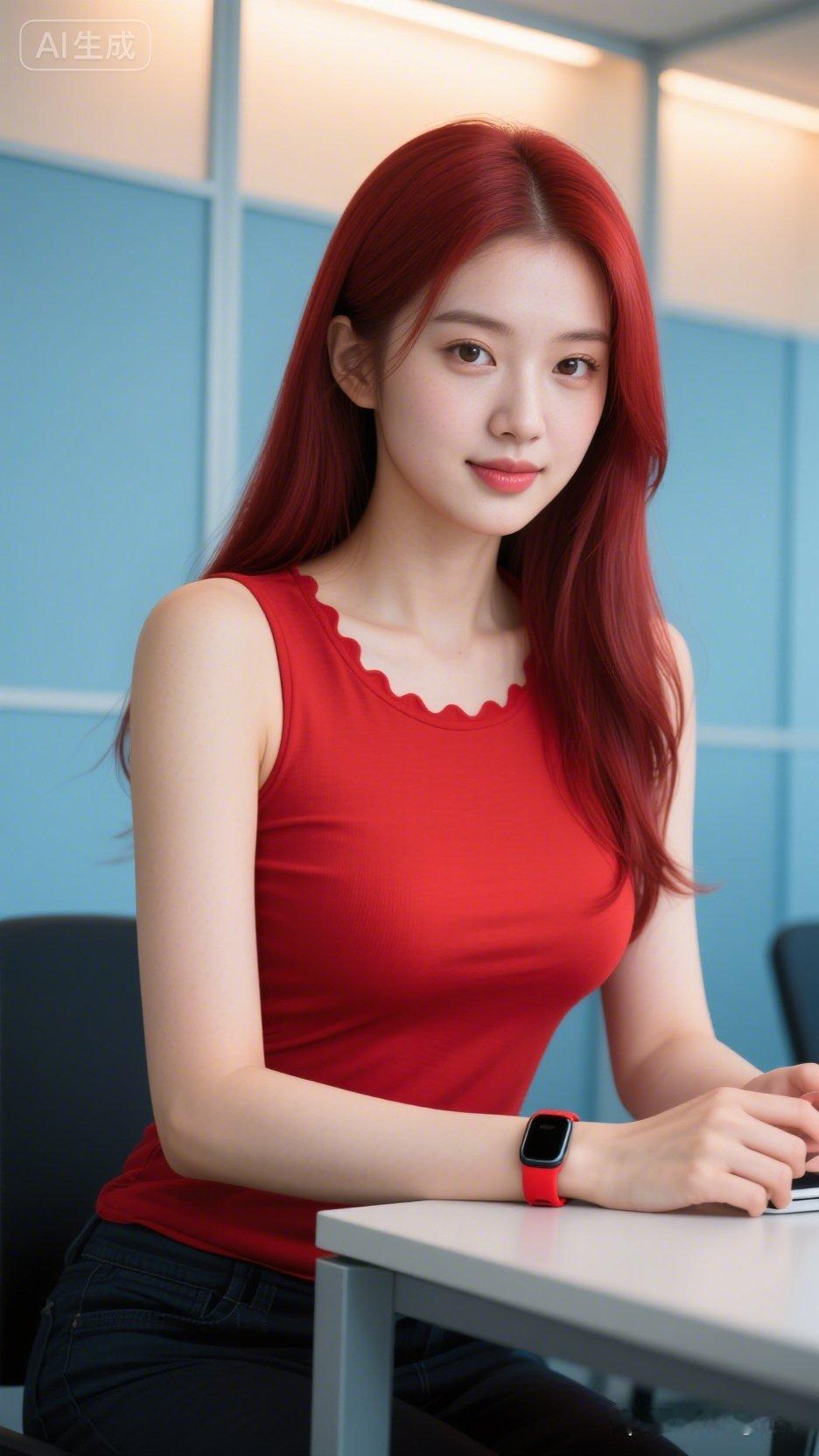 一个红发女生坐在桌前微笑。