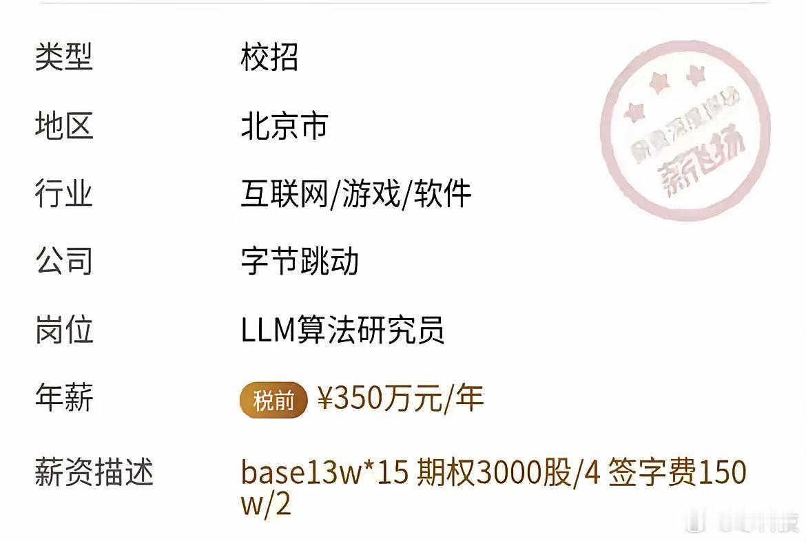 字节是真的敢给啊，350万年薪，够普通白领干10年了。​​​