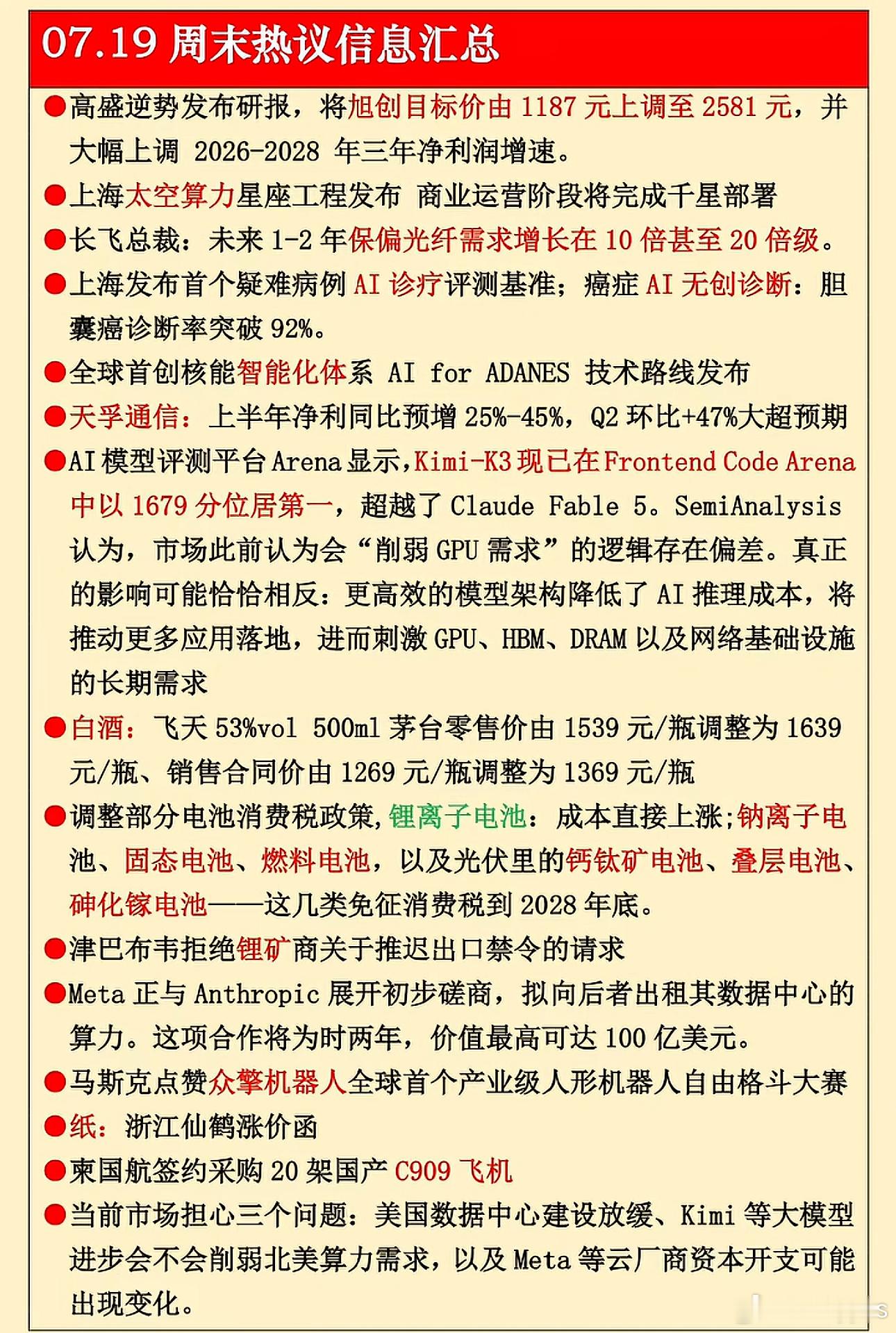 07.19周末热议信息汇总11高盛逆势发布研报，将旭创目标价由1187元上调至