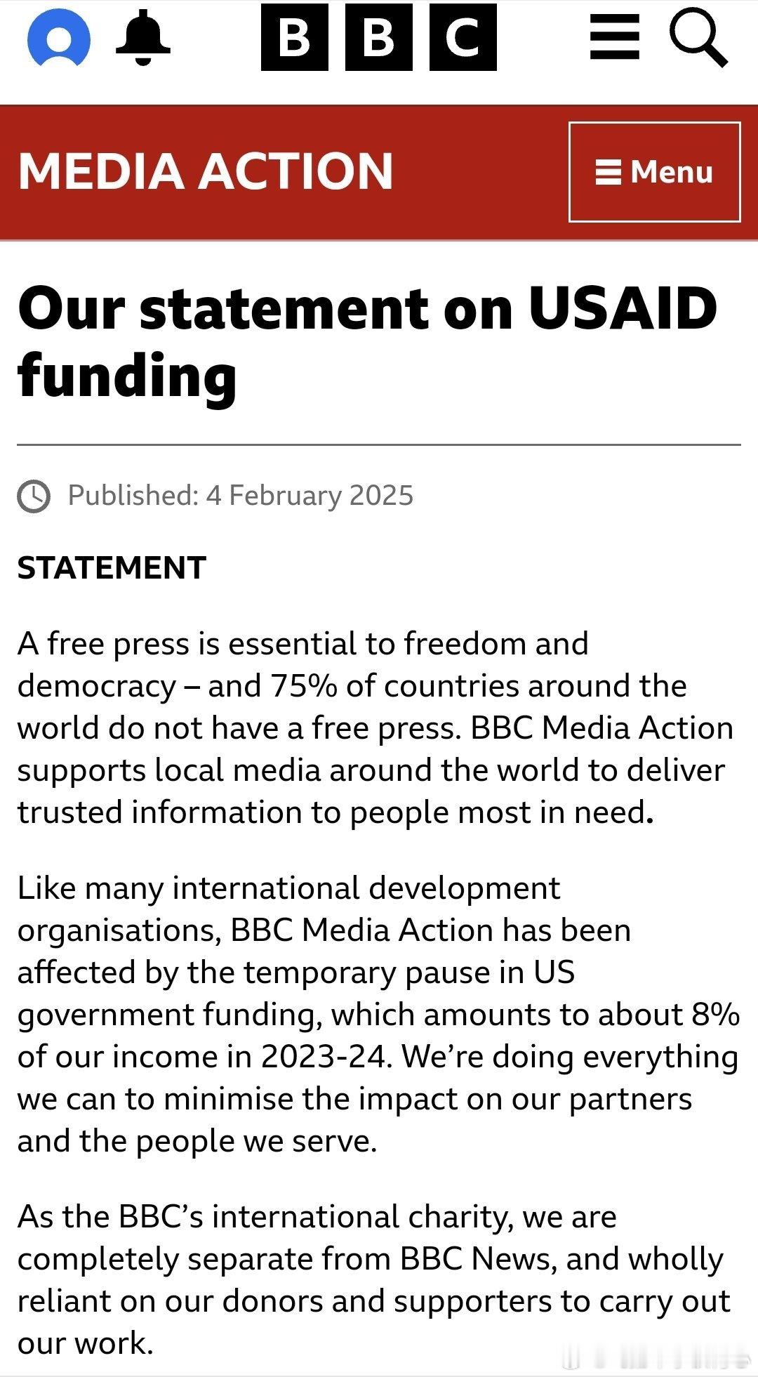 BBC：我们关于美国国际开发署资助的声明发布日期：2025年2月4日声明新闻自由