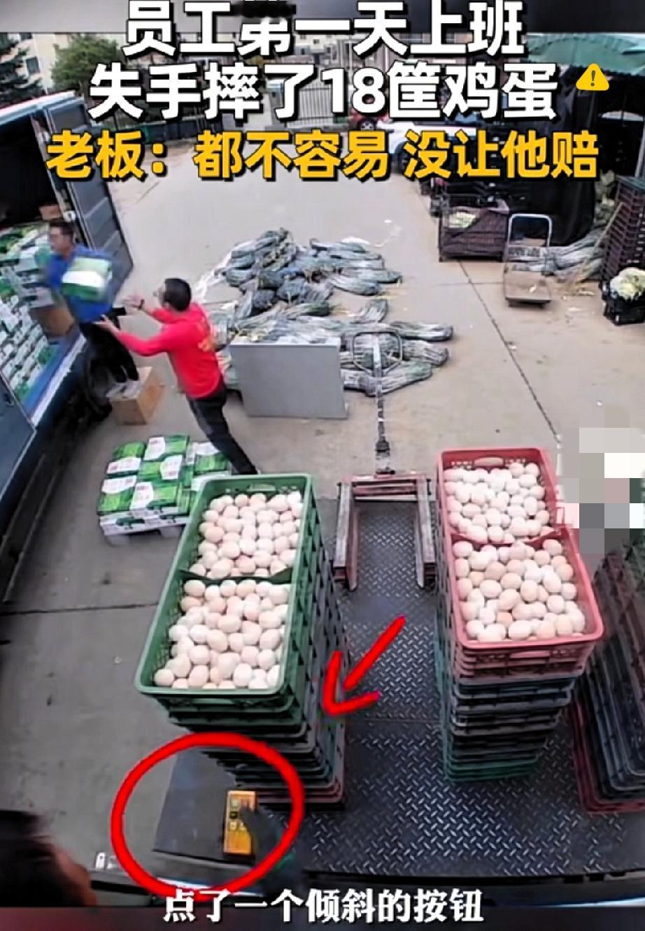 山东威海这老板也太圈粉了！新员工第一天上班就闯大祸，按错按钮让18箱鸡蛋全翻