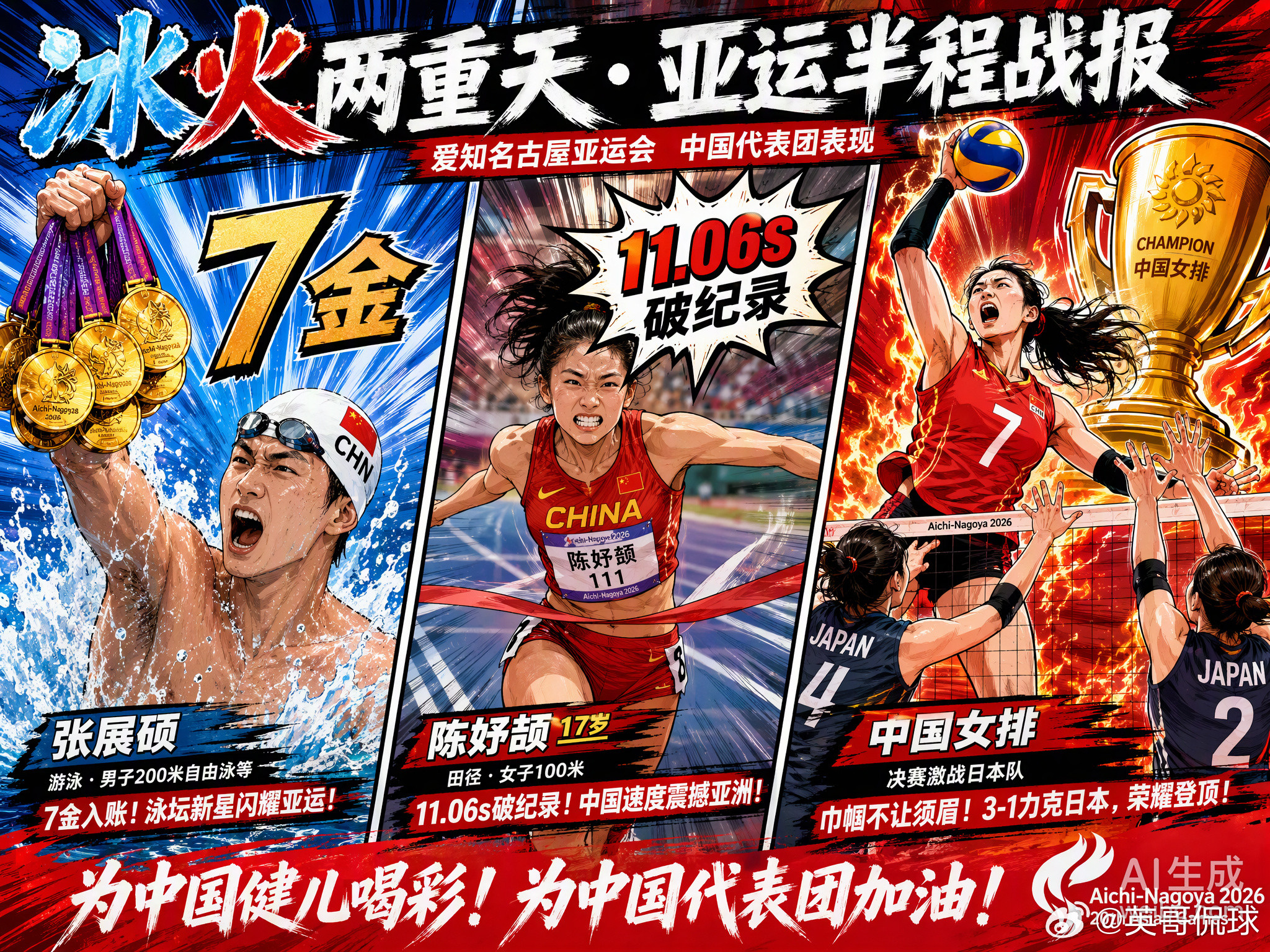 爱知·名古屋亚运会赛程过半，中国代表团的表现可谓“冰火两重天”。🔥游泳队30金收官创单届最佳，19
