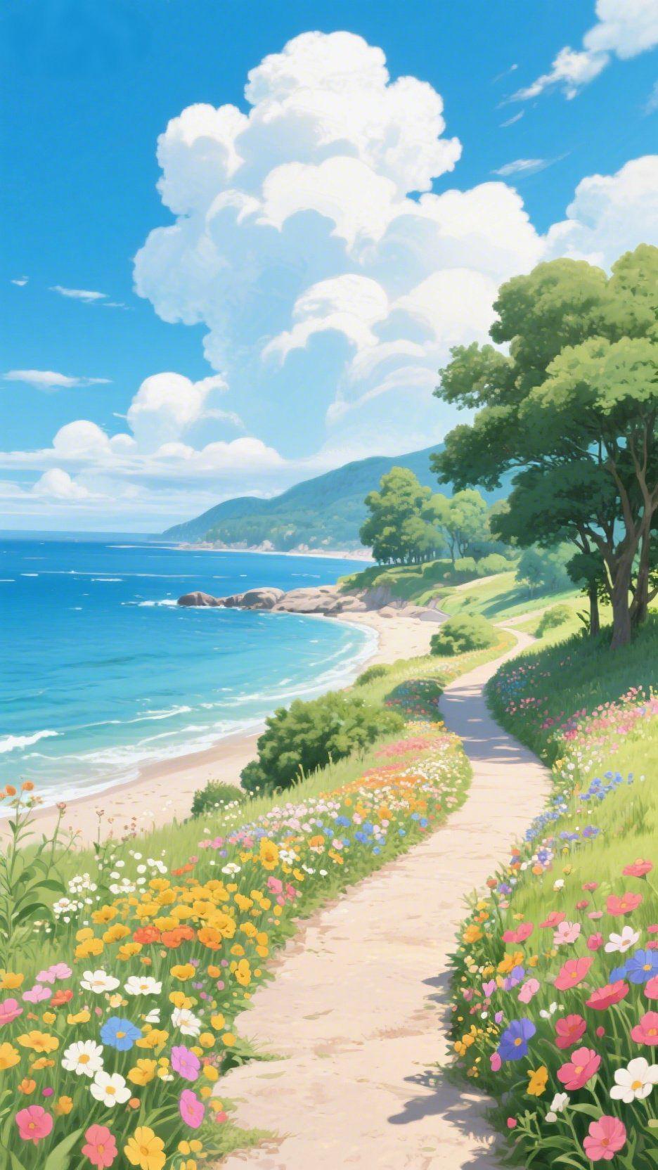 标题：海风漫山野沿着临海的小径往前走，风里裹着咸湿的海味，混着漫山遍野的花