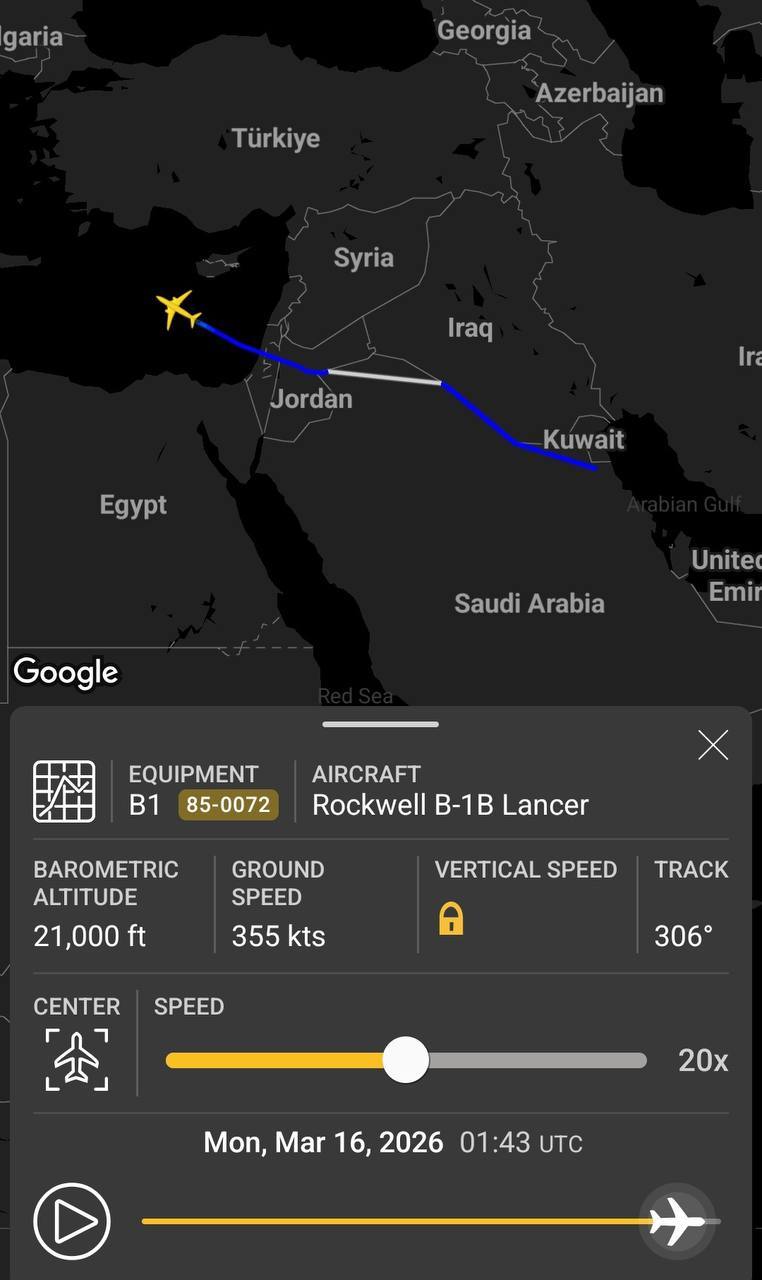 据Flightradar24显示，美国空军一架B-1B战略轰炸机刚刚从伊朗返回英
