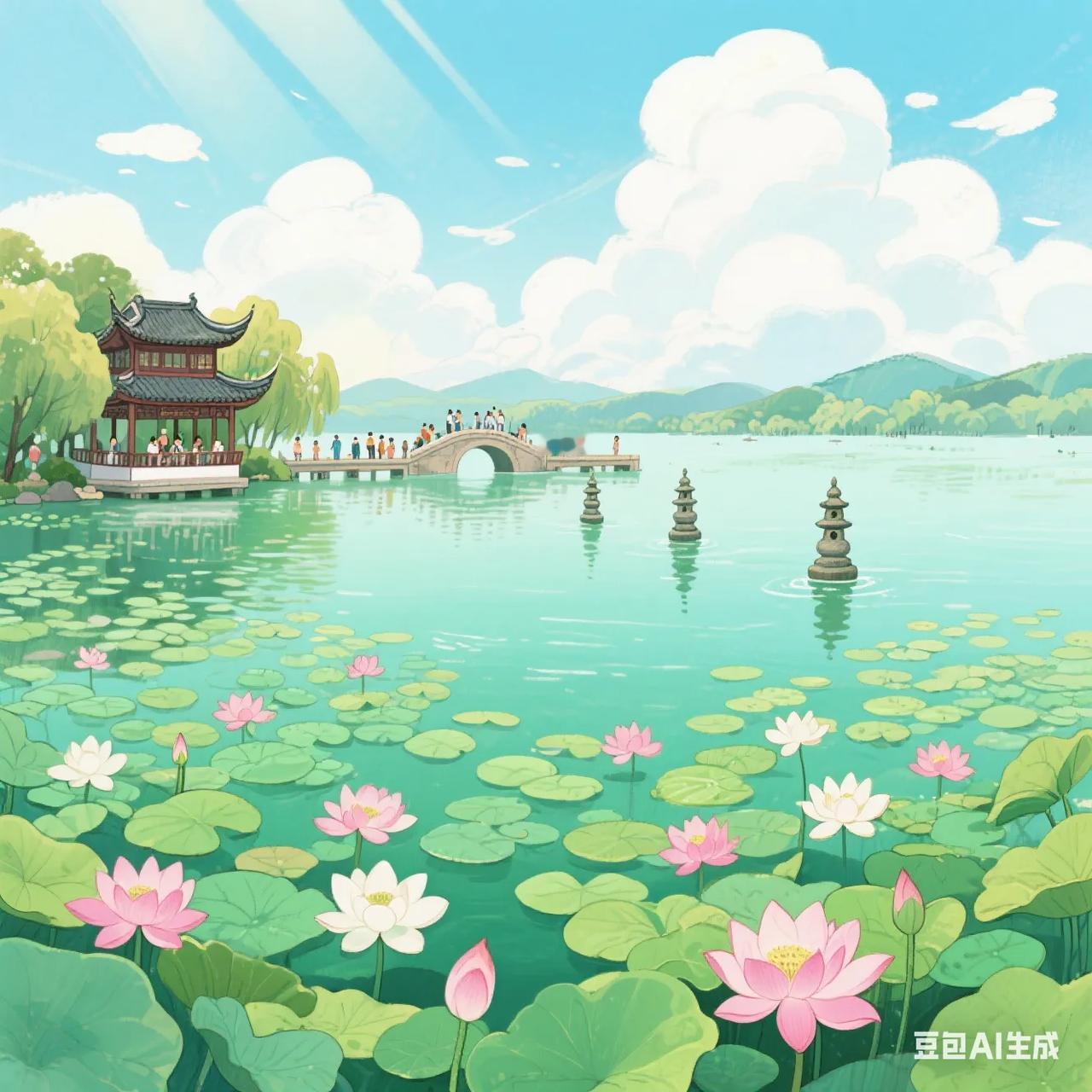 天下西湖三十六，杭州西湖最是牛；西湖山水别样美，游览一回真无悔；西子景如泼墨画，