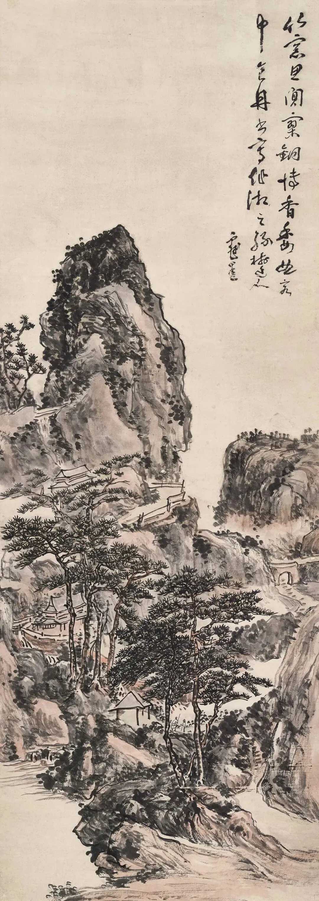 黄宾虹《临吴镇山水》，立轴设色纸本112.5×39.5cm。六十岁后，黄宾