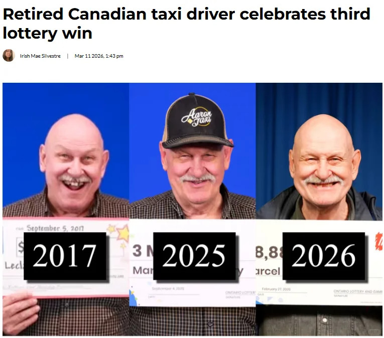 加拿大一男子十年间连中三次彩票大奖，每次给出中奖的理由都很清新…同时，我给大家罗