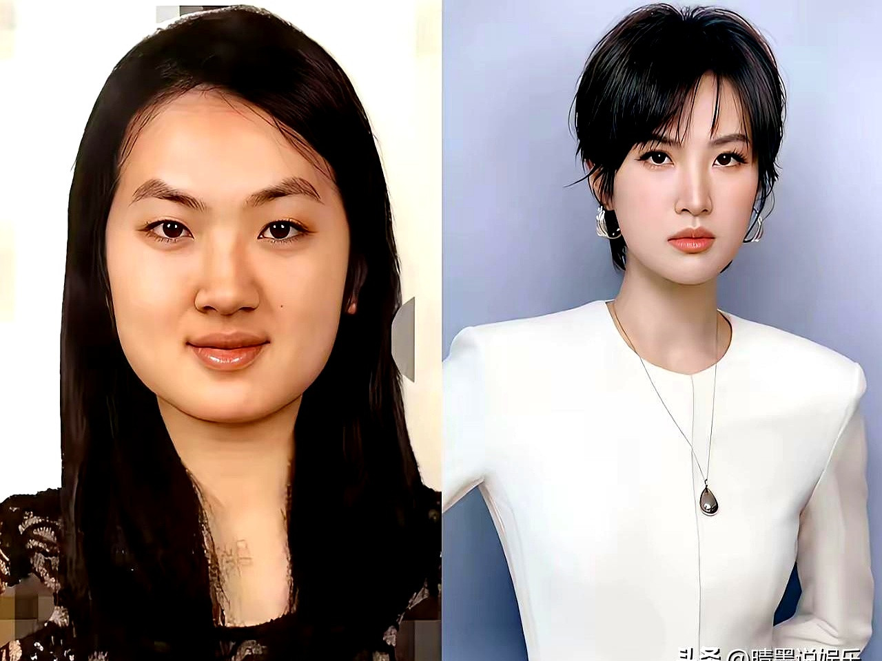 万万没想到，翻到她早年的照片时，愣是没敢认。阔面脸、塌鼻梁，单眼皮撑不起什么精