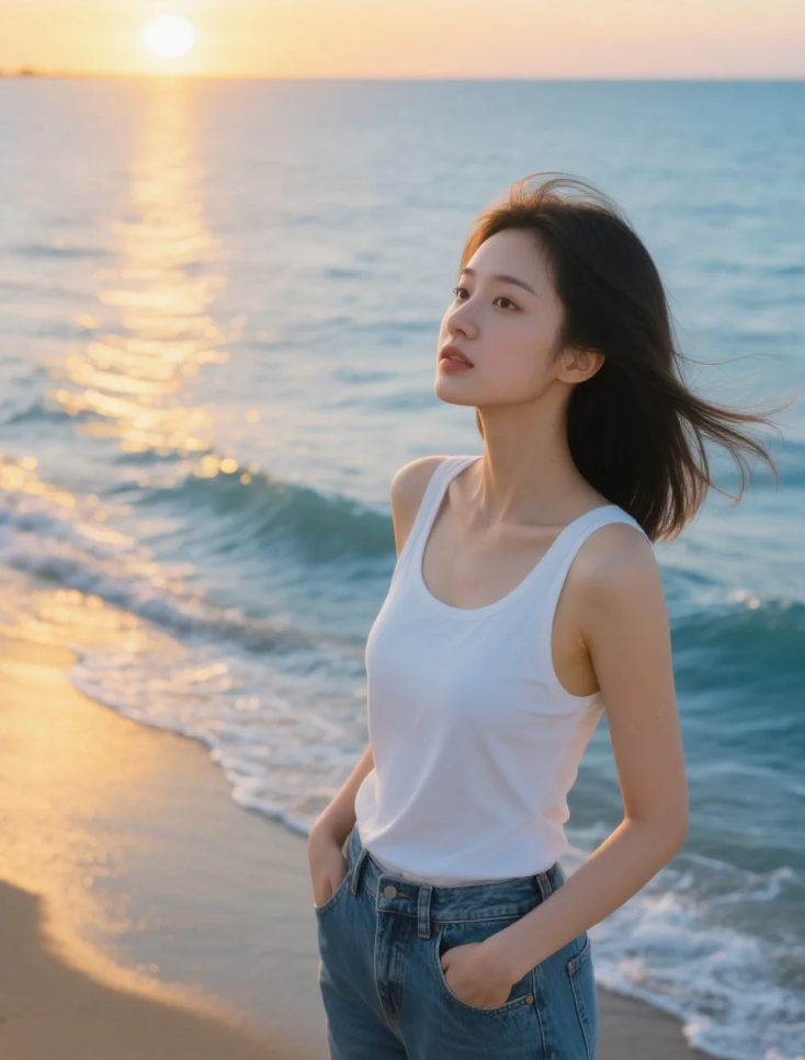 晨曦微光中的海边少女，白色背心与牛仔裤的纯净时光