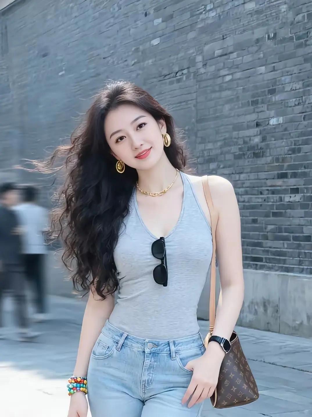 阳光正好的日子，她穿着时尚走在街上，瞬间成了街头一道亮丽的风景。就像英国模特艾米