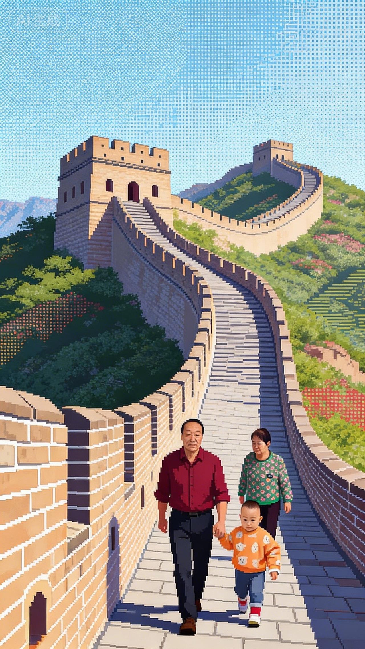 一家三口漫步在长城上，感受历史的厚重与美好时光。