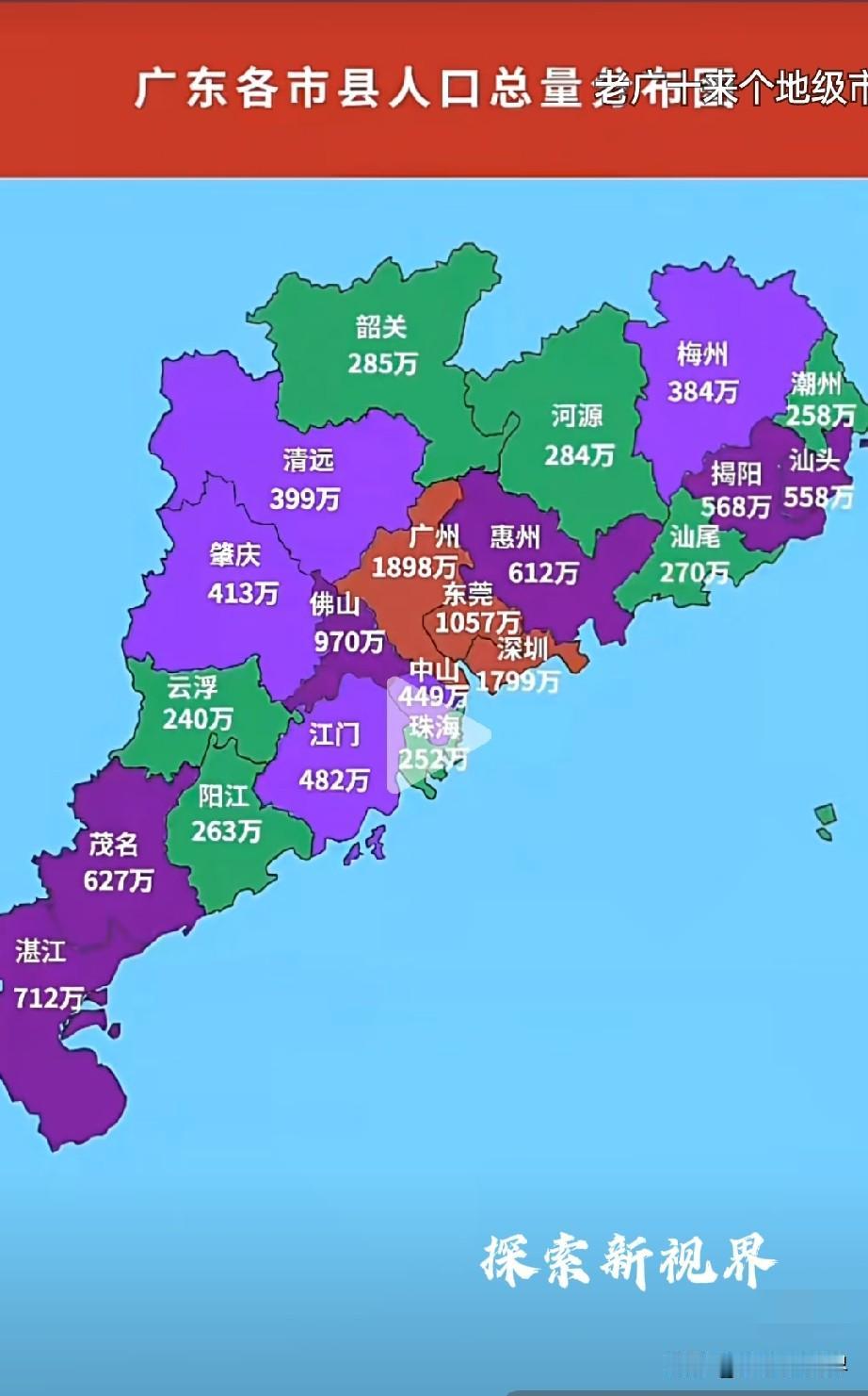 看看广东省各城市的人口！图中用醒目的红色和深棕色标出了三大千万级人口城市，它们是