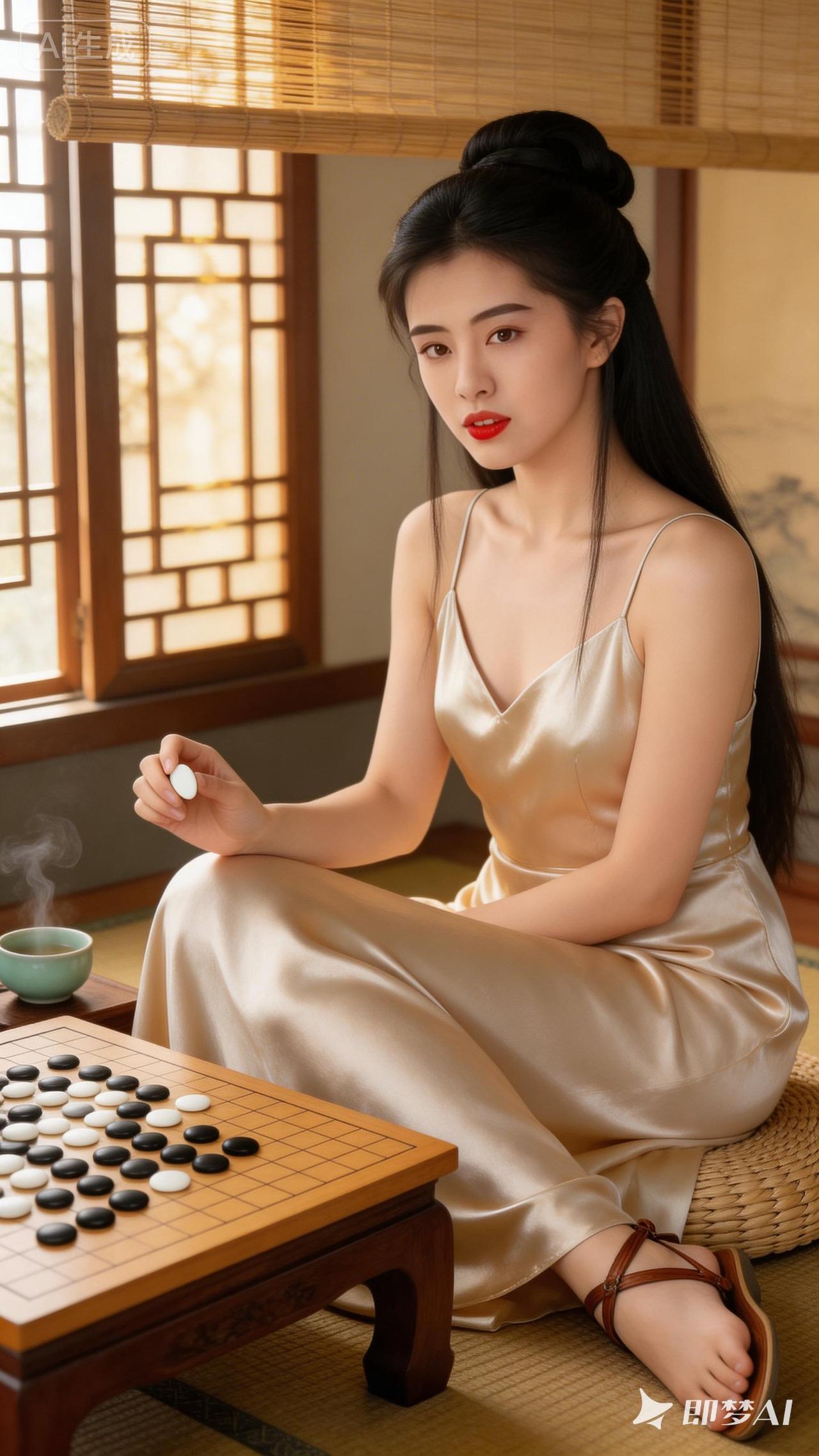 静坐棋局旁，红唇映古韵，悠然自得。