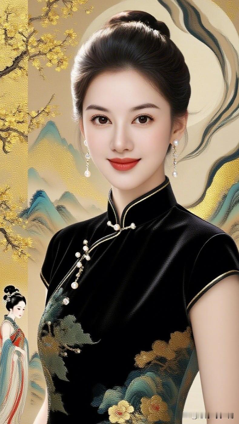 红妆美人倚，古韵画中游。晒美美哒照片东方美人，古典优雅，黑金旗袍，韵味十足。