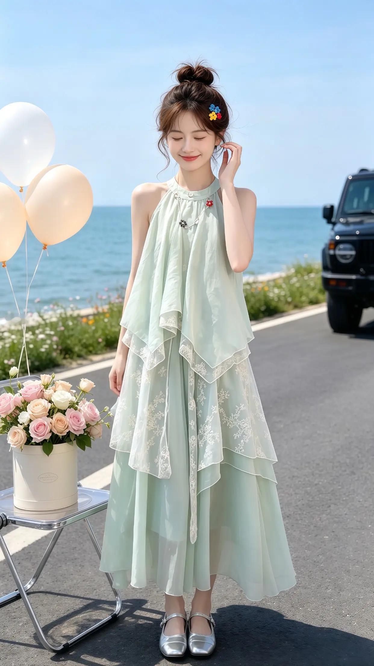 夏日氛围感穿搭浅绿色连衣裙仙气飘飘夏季穿搭少女感夏日ootd一眼心动的夏季