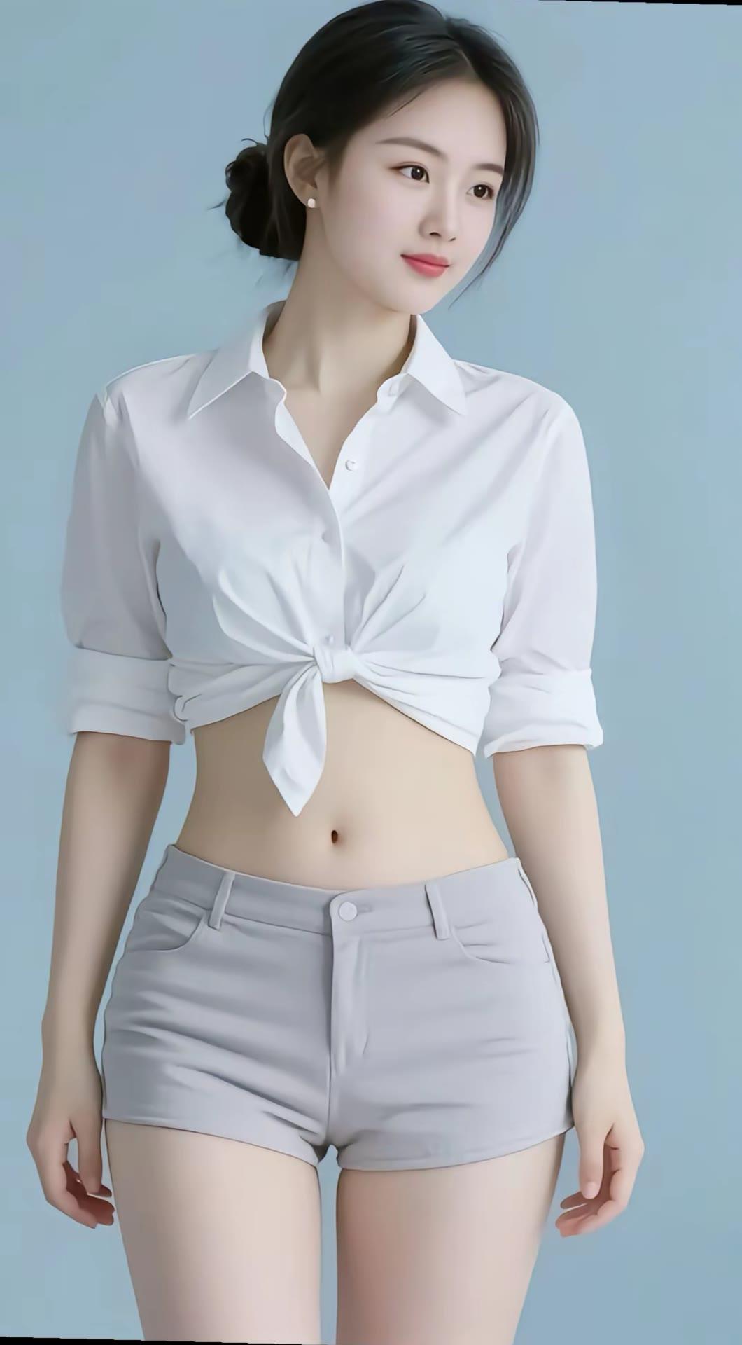 清新简约风，白色衬衫打结，搭配浅灰色短裤，夏日穿搭指南🌞👗👖