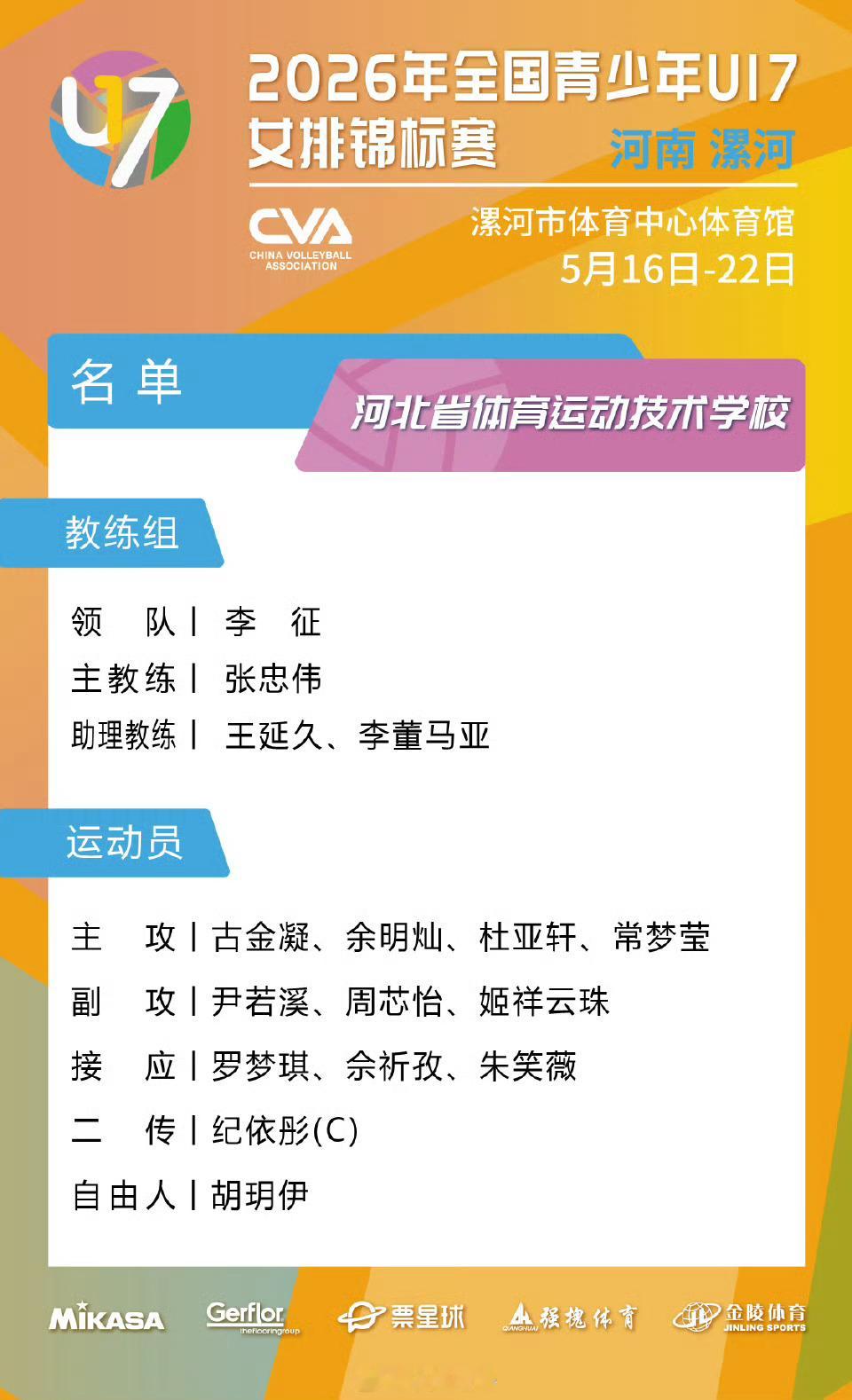 女排U17全锦赛名单公布，好多名教头，给10后球员加油，邵子嫣还是副攻，陈忆云改