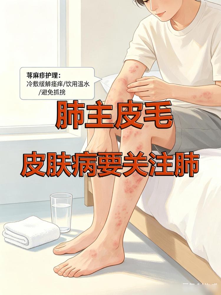 肺主皮毛，皮肤病要关注肺现在大家最常见的，就是荨麻疹，还有湿疹，主要表现就是皮