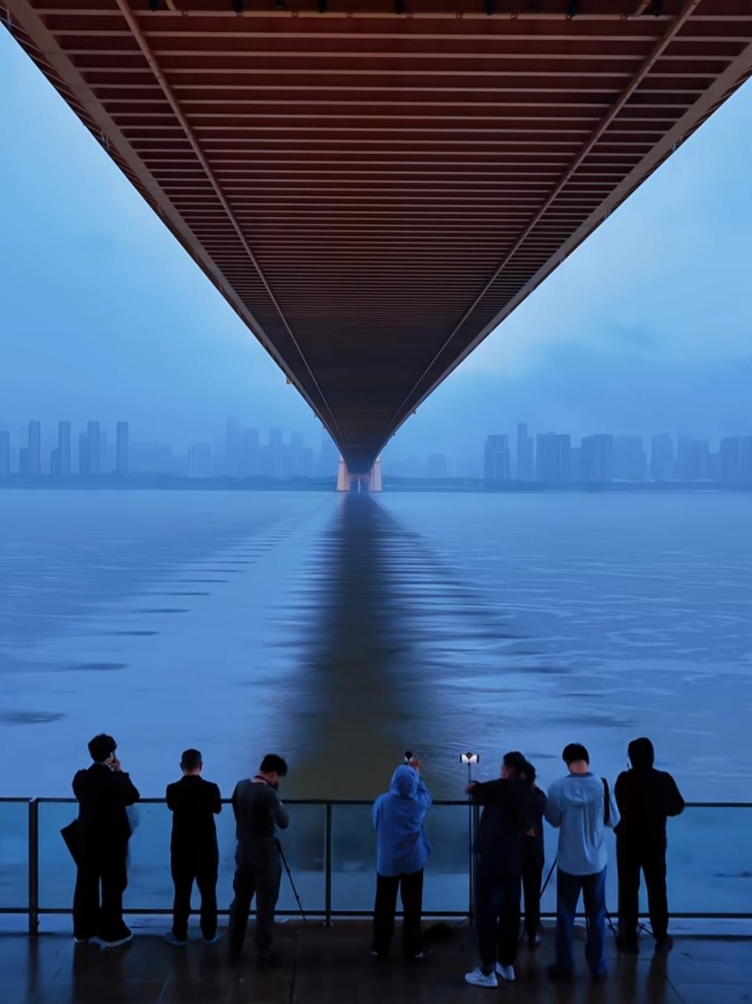 一场大雨，让武汉杨泗港大桥又成了出片圣地！在排水孔随风飘落的雨水，形成了两排