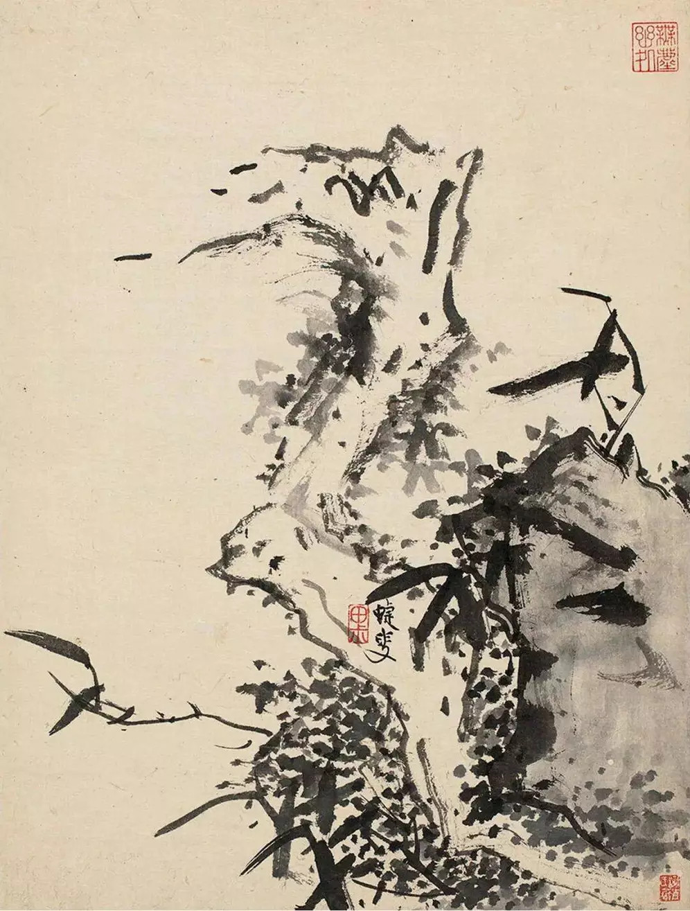 明蓝瑛《兰竹石册》，纸本，水墨设色，尺寸31.8×24cm。此册作兰竹，多佐