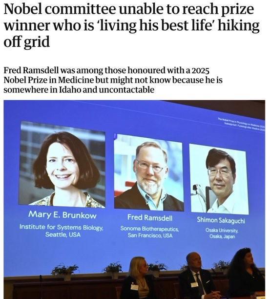 诺贝尔委员会至今仍没能联系上今年生理或医学奖的得主之一FredRamsdell