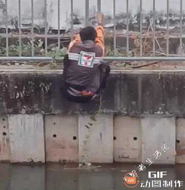 男子河边散步时，发现一只小猫咪掉进水里，然而河堤太高太陡，难以施救，然而