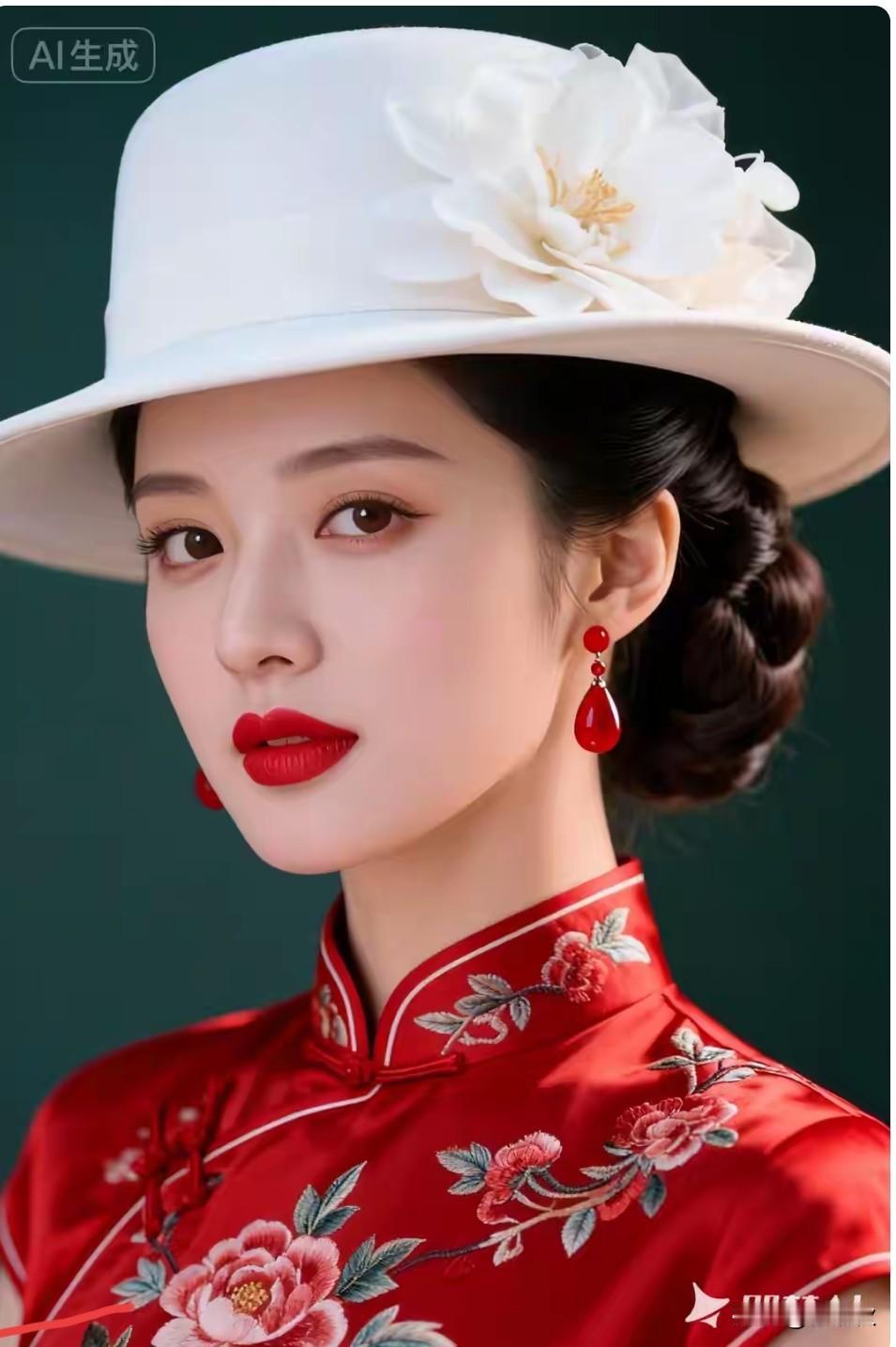 红唇凝香，白帽簪红旗袍曳影，冷艳名缓貌似天仙，酿成绝色如花似玉，绝世惊艳