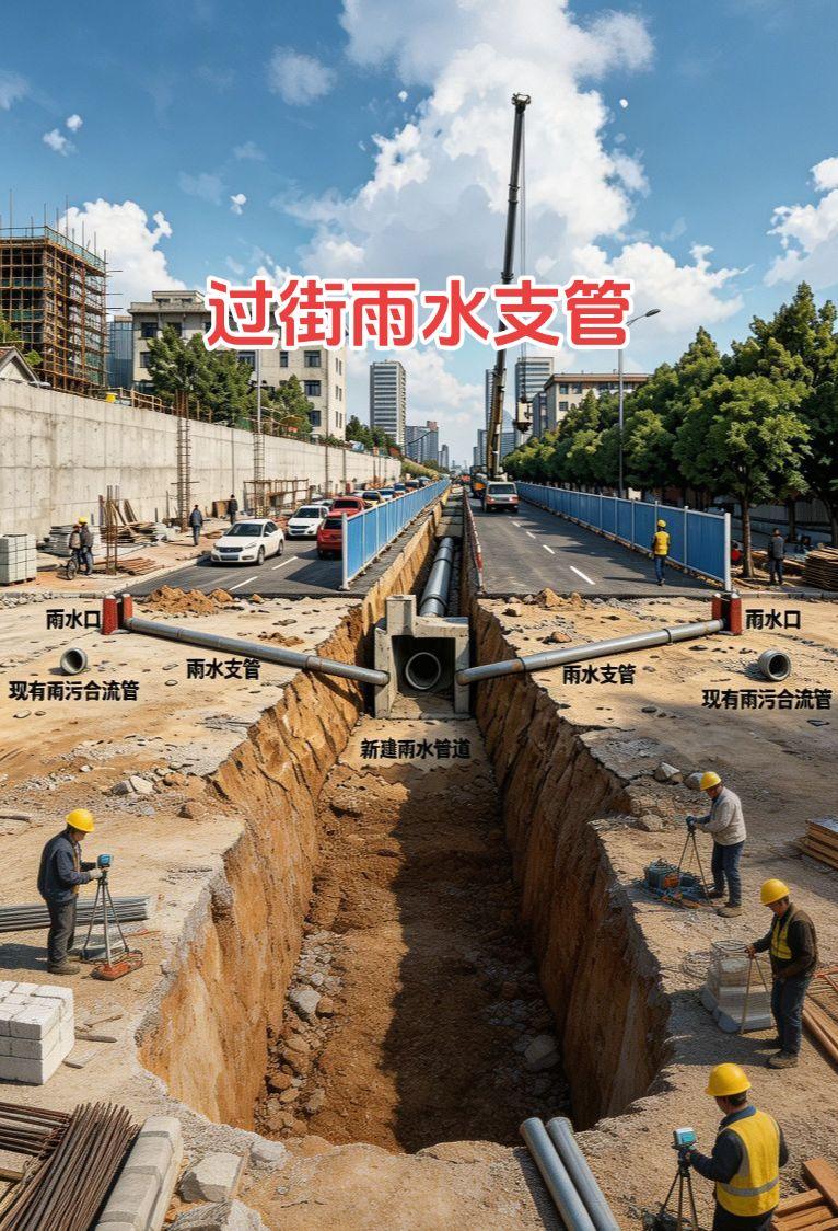一建施工现场实拍管道过街雨水支管一级建造师