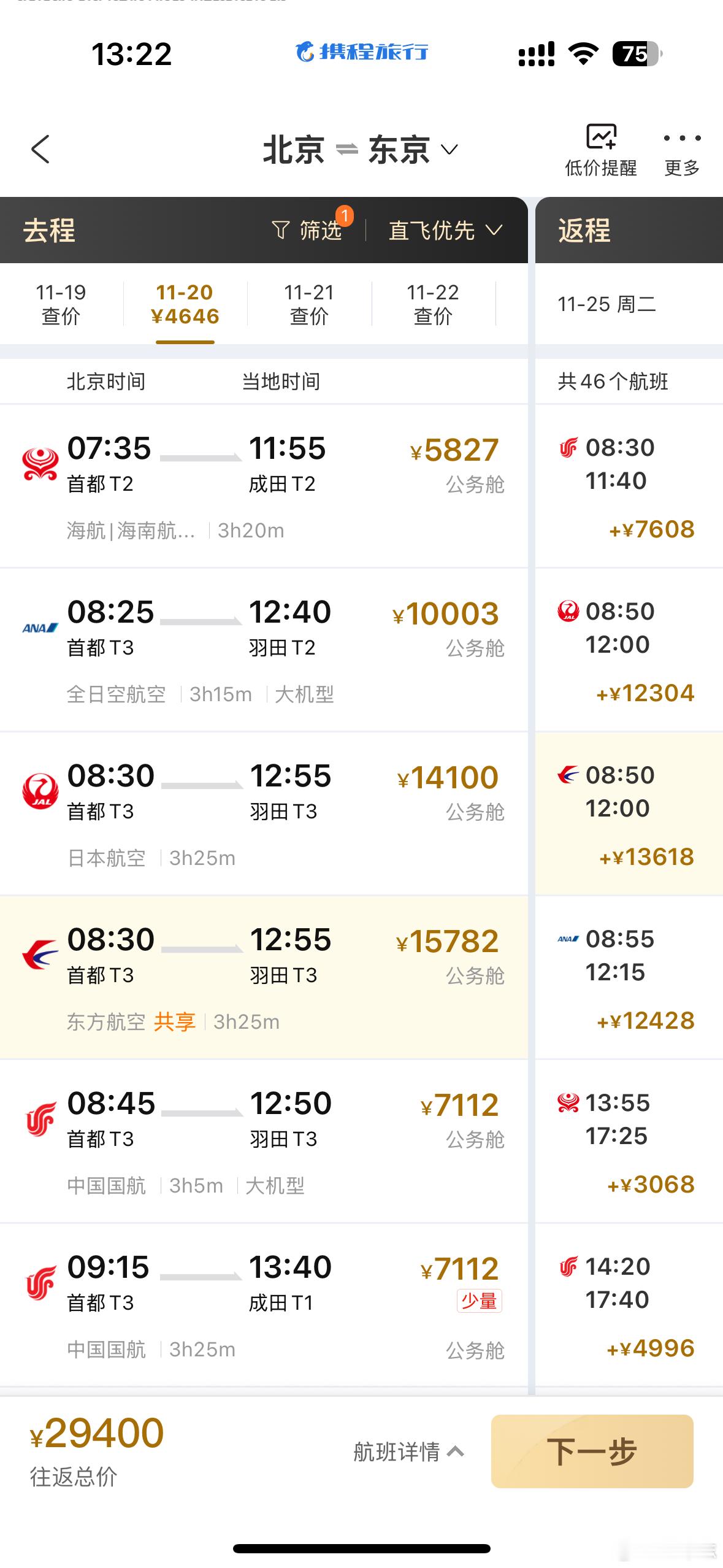 查了一下红叶季北京到东京往返机票，东航已经涨到3万。圣诞季便宜点，但国航也得1万