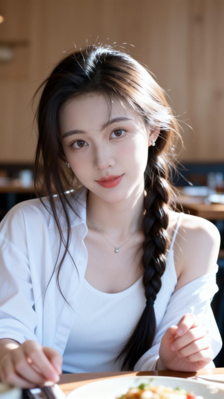 阳光下的甜美少女，享受悠闲的午后时光。🌞🍜💕