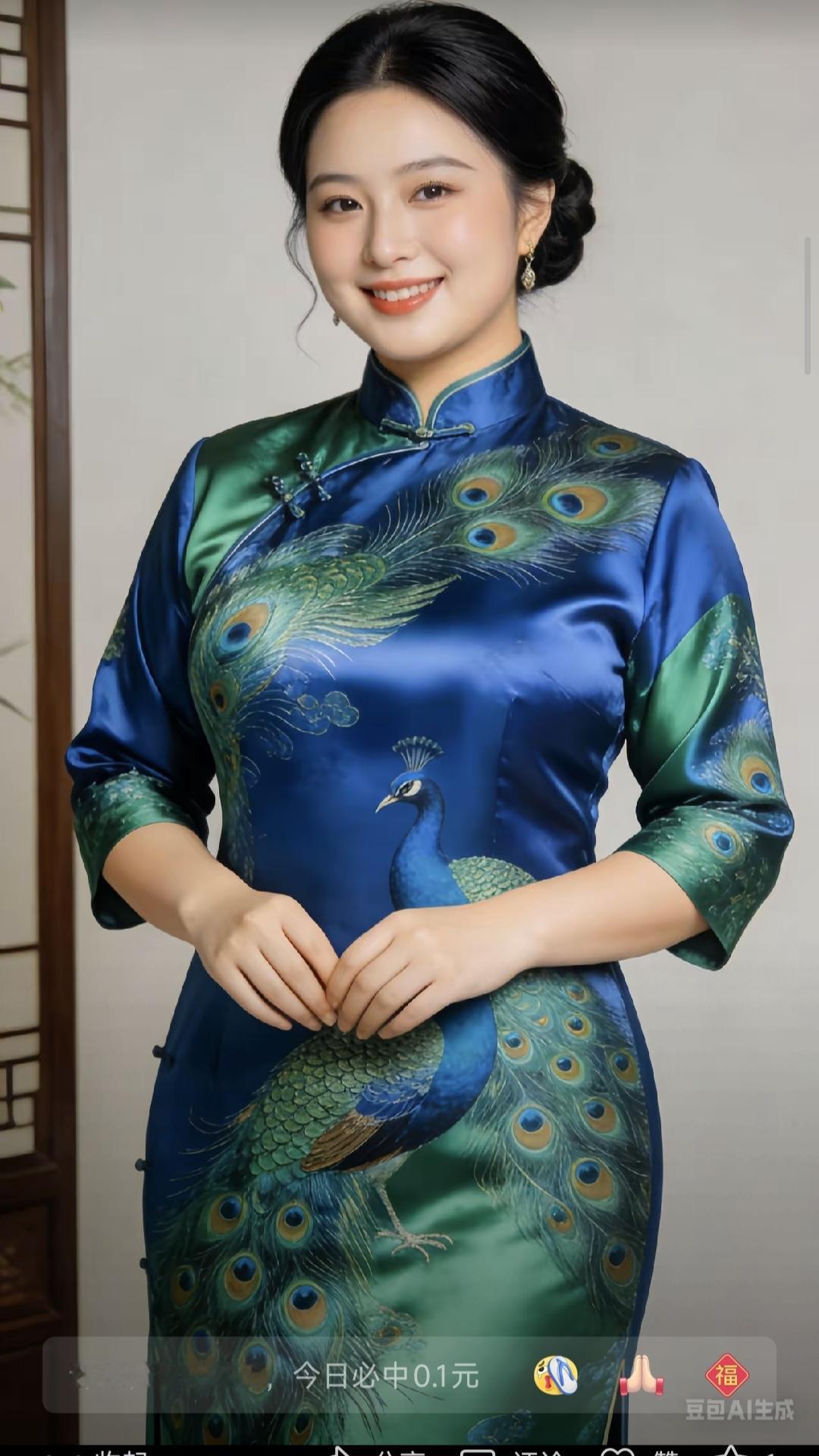 清江引·蓝地绿凤凰旗袍蓝袍绿凤姿容俏，色彩如晨晓。祥瑞凤凰描，高贵风情绕