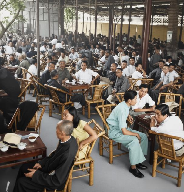 1944年，成都一家露天茶馆的热闹日常。密密麻麻的茶客挤在竹制棚架下，粗糙的木桌