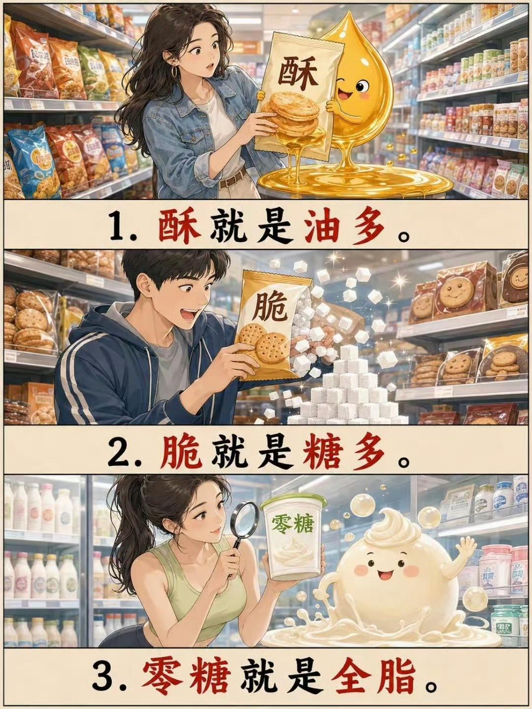 逛超市买零食，很多人很容易被包装上漂亮字眼迷惑。酥=油多脆=糖多零糖=全脂