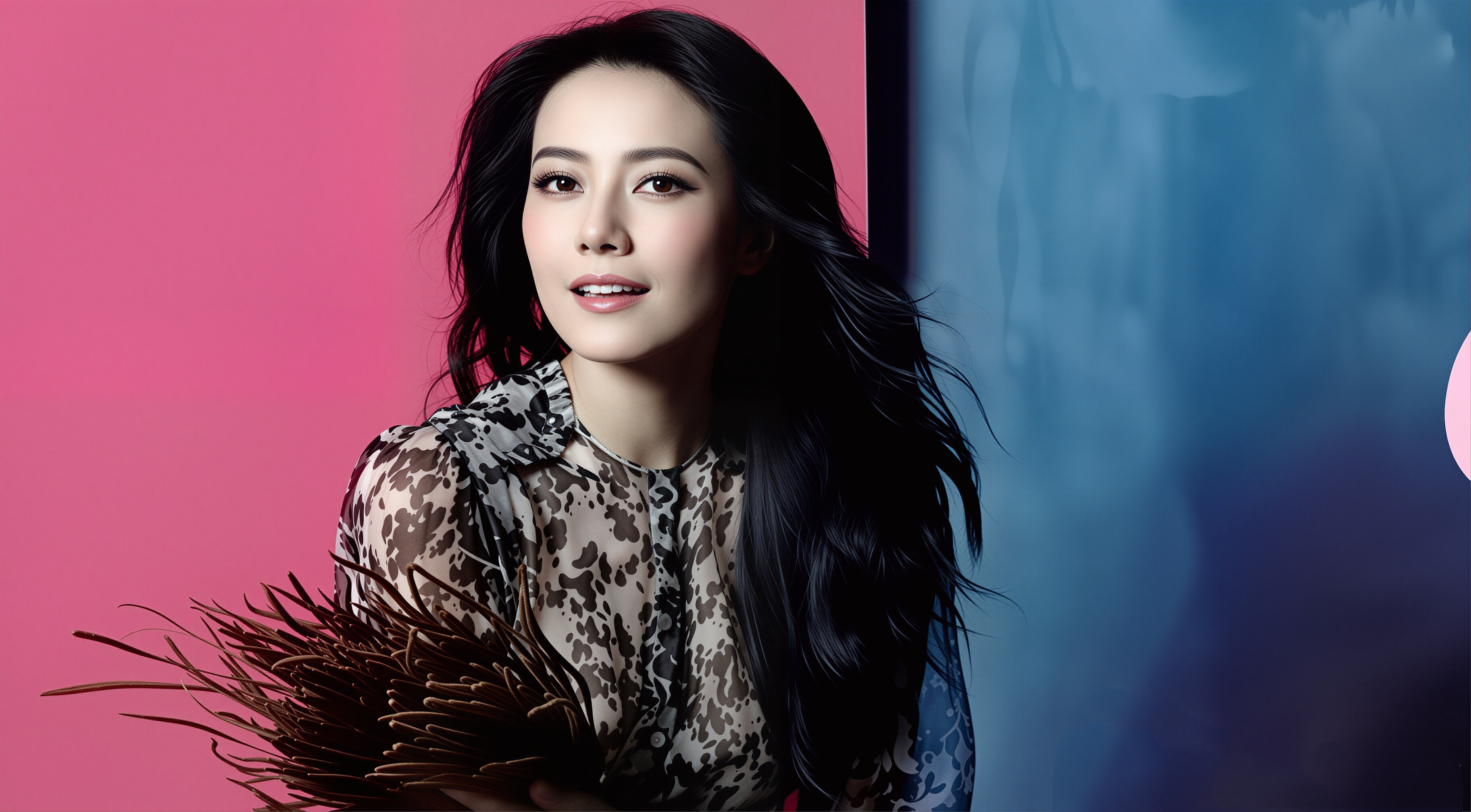 高圆圆一袭紫调衬衫衬得她温婉大气，大波浪卷发垂落肩头，眉眼间尽是从容舒展的笑意