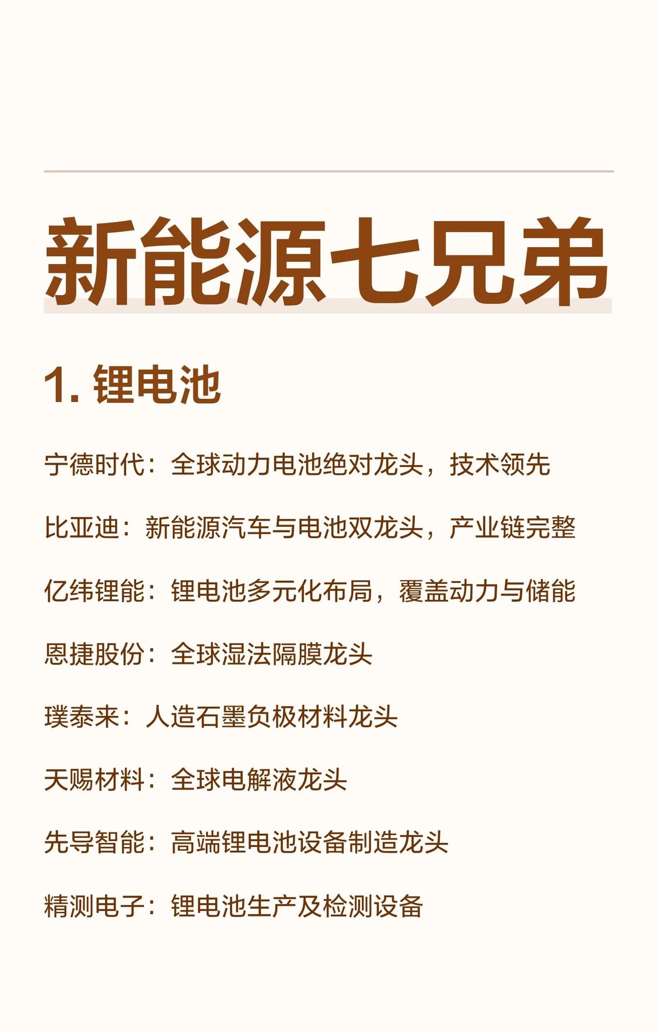 “新能源七兄弟”，即七个新能源相关领域及其中的龙头企业，具体总结如下：1.