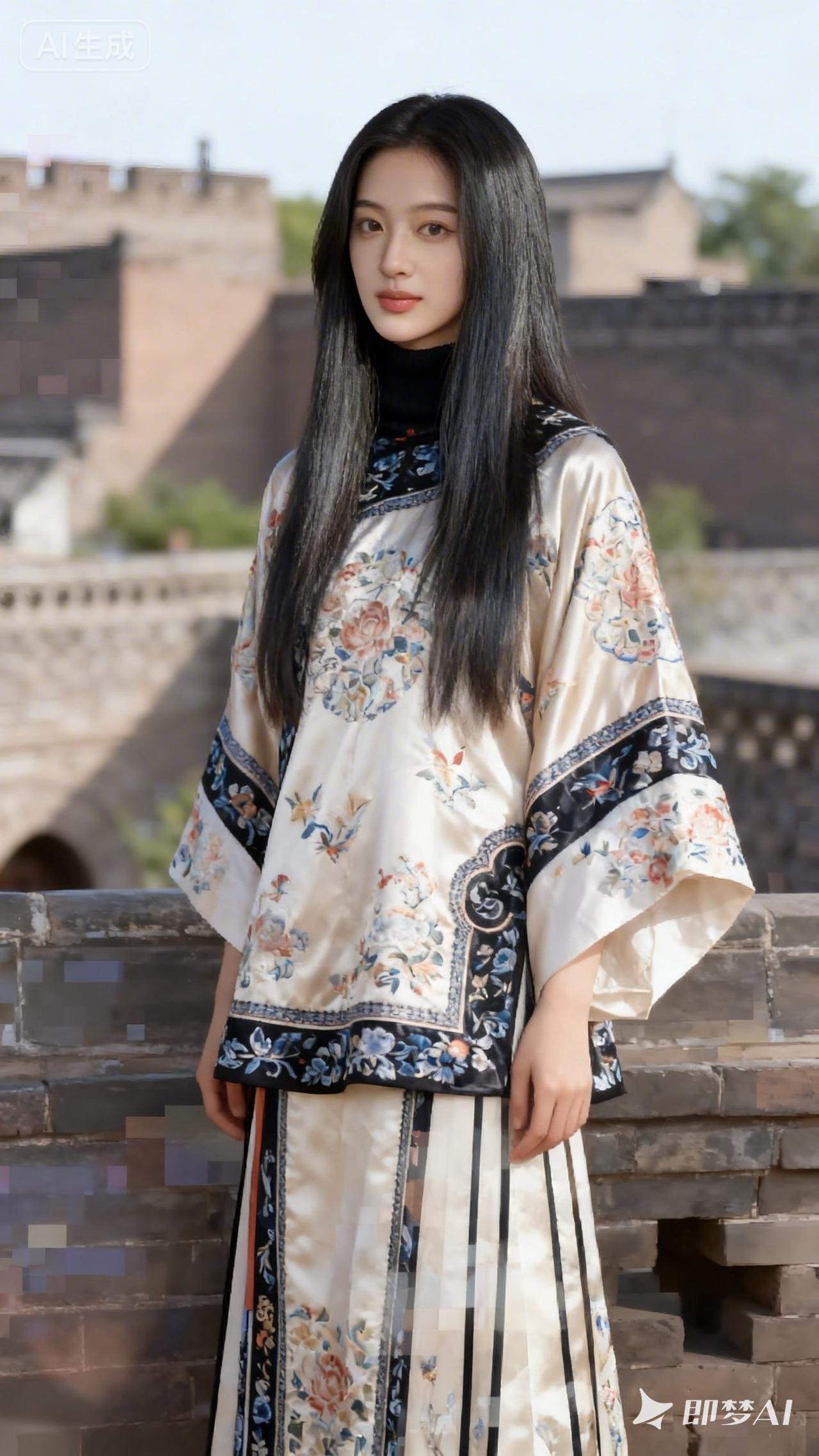 古风少女在城墙下，黑发飘飘，衣袂翩翩