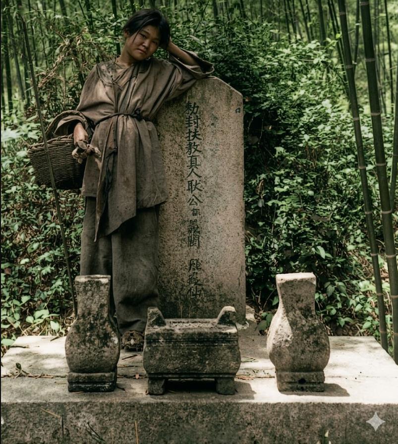 清末，一位贫苦女子在大户人家古墓前留影。女子衣衫破旧、头发凌乱，手提竹编小篮，