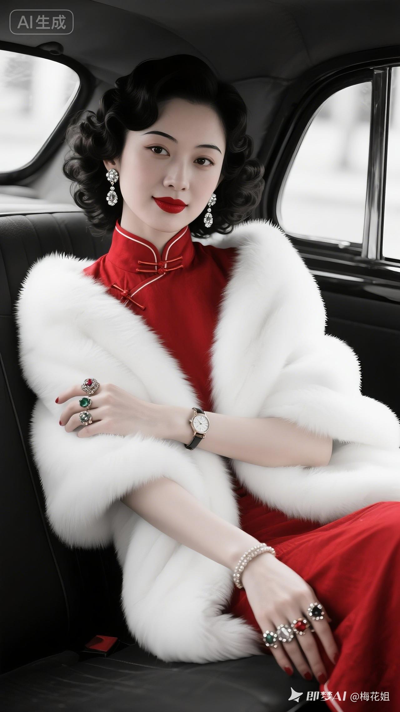 复古红衣美人，车中优雅自拍📸